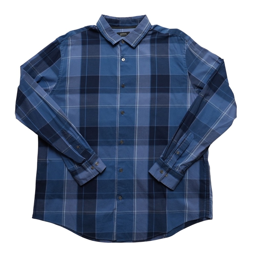 Alfani Mens XL Blue Plaid Button Up Shirt Cotton Regular Fit Long Sleeve